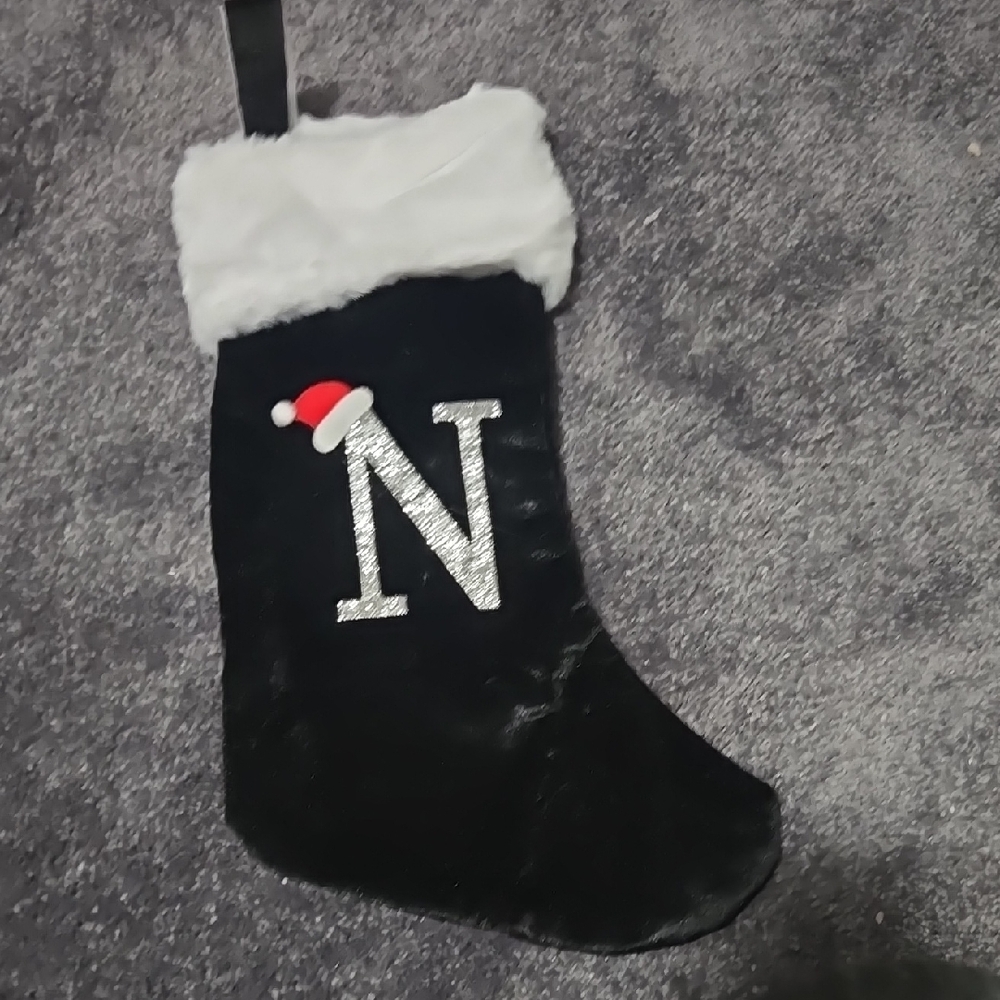 Black and White Christmas Stocking with Initial "N"